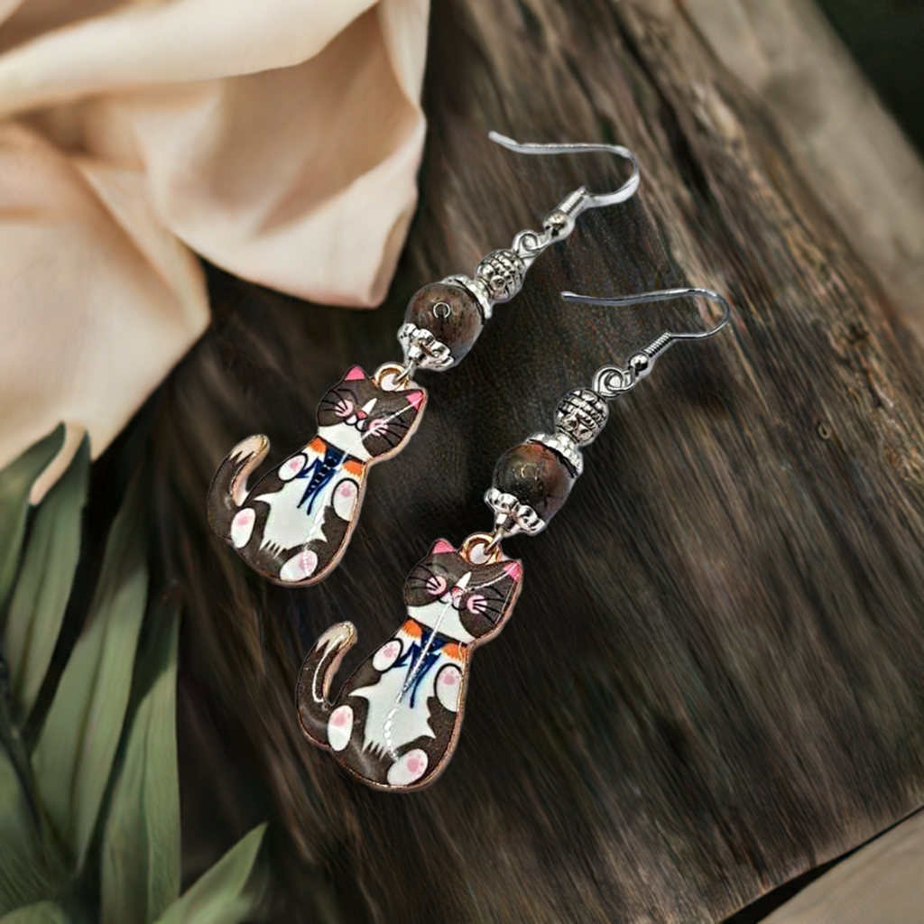 Enamel cat with stone bead Earrings 2.5 inches