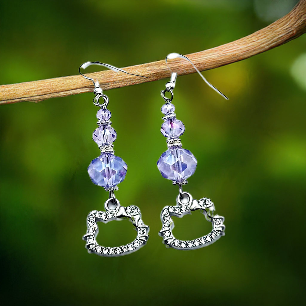 Cat charm Earrings with gemstone or crystal bead