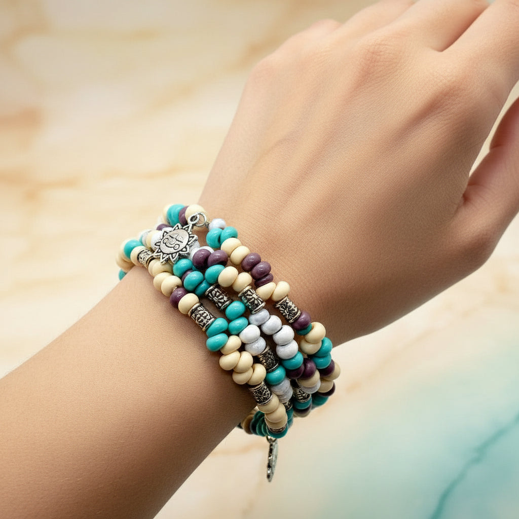 Japanese Matagama Bead Memory Wire Bracelet - 3 Strand Blue Purple Cream