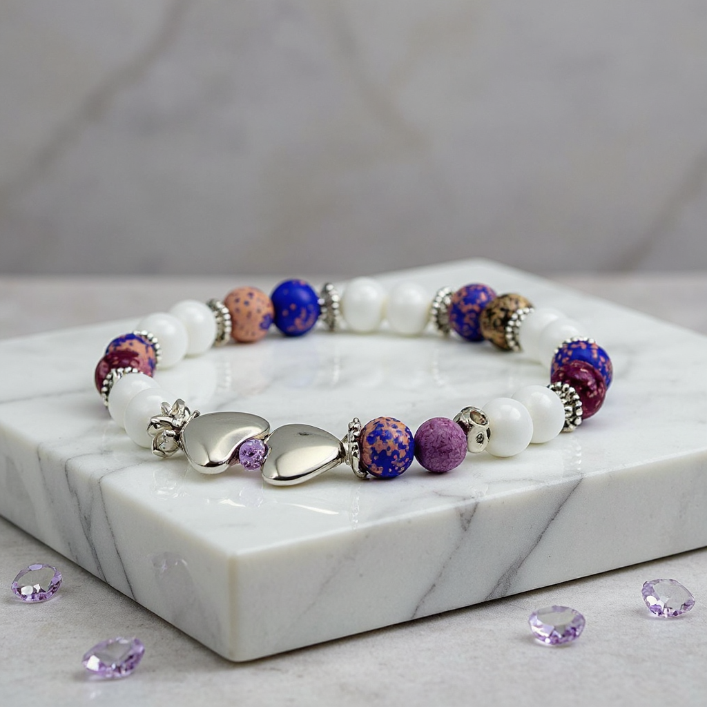 Bracelet with colorful beads and heart-shaped charms on a marble surface