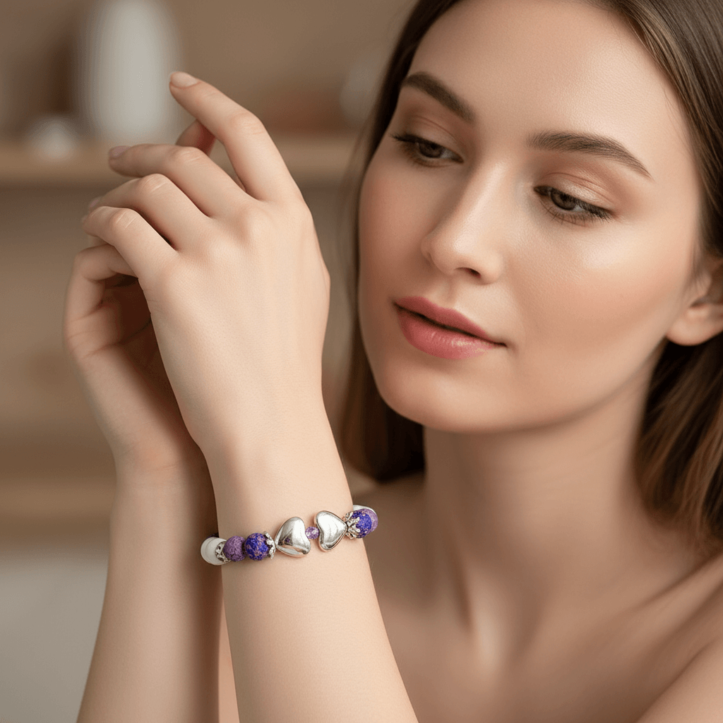 Bracelet with colorful beads and heart-shaped charms on a marble surface