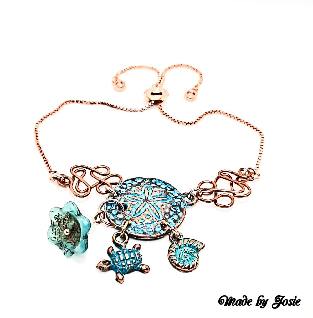 Rose gold adjustable patina charm bracelet