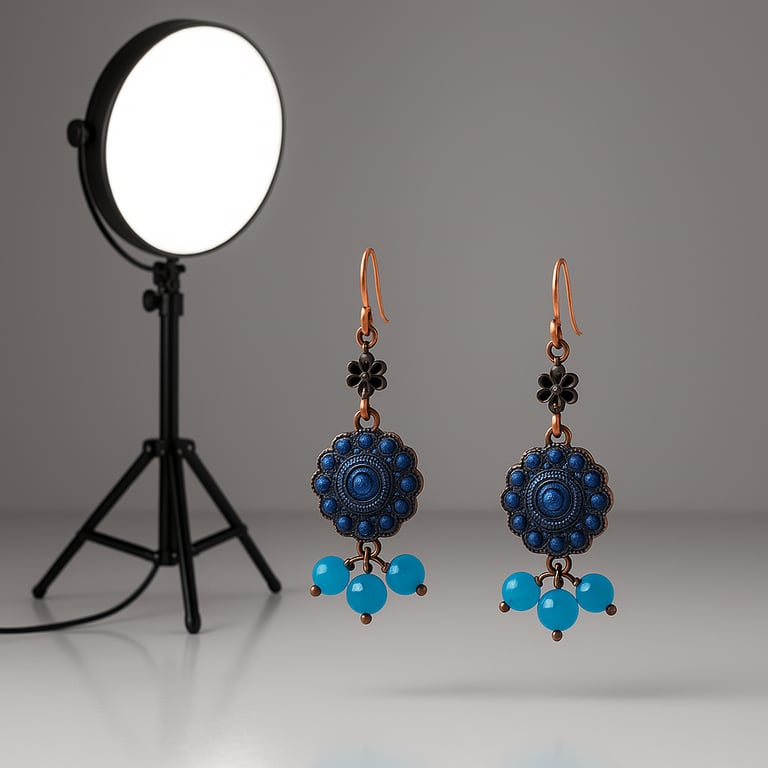 Pair of blue floral earrings with turquoise beads in front of a round light source on a gray background