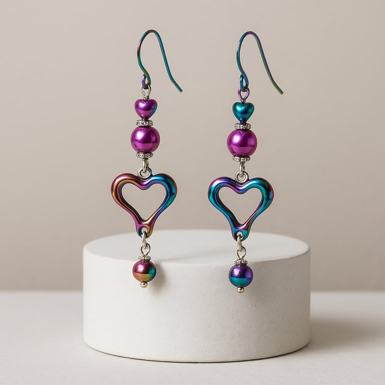 Ion Plating hearts purple rainbow Earrings 2.5inches
