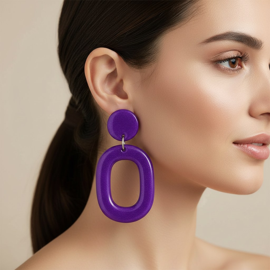 Purple earrings with a beige background