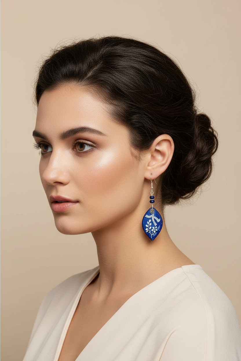 Blue earrings with white floral patterns on a beige background