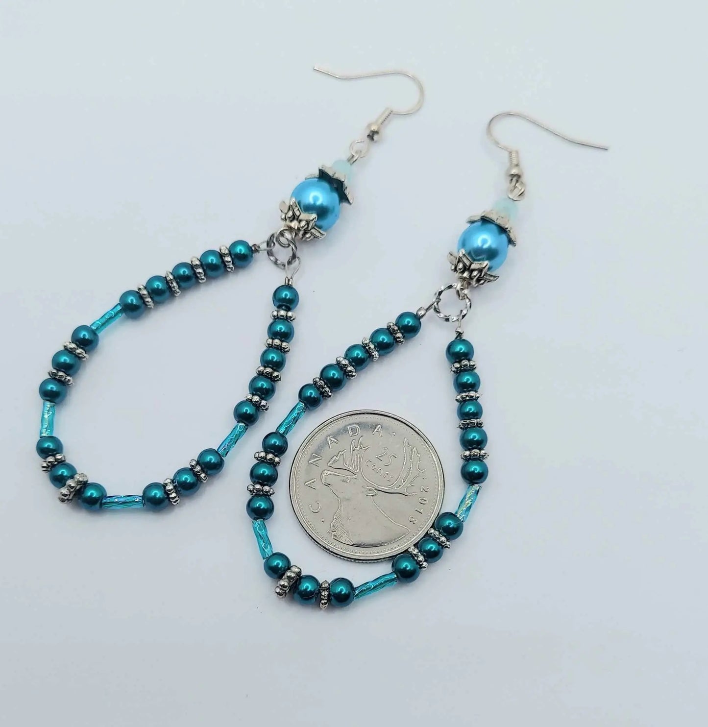 Turquoise dangle hoop style mini glass pearl earrings 3.5-inches