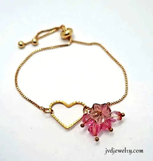 Adjustable pink Swarovski Czech beaded heart bracelet - Image #1