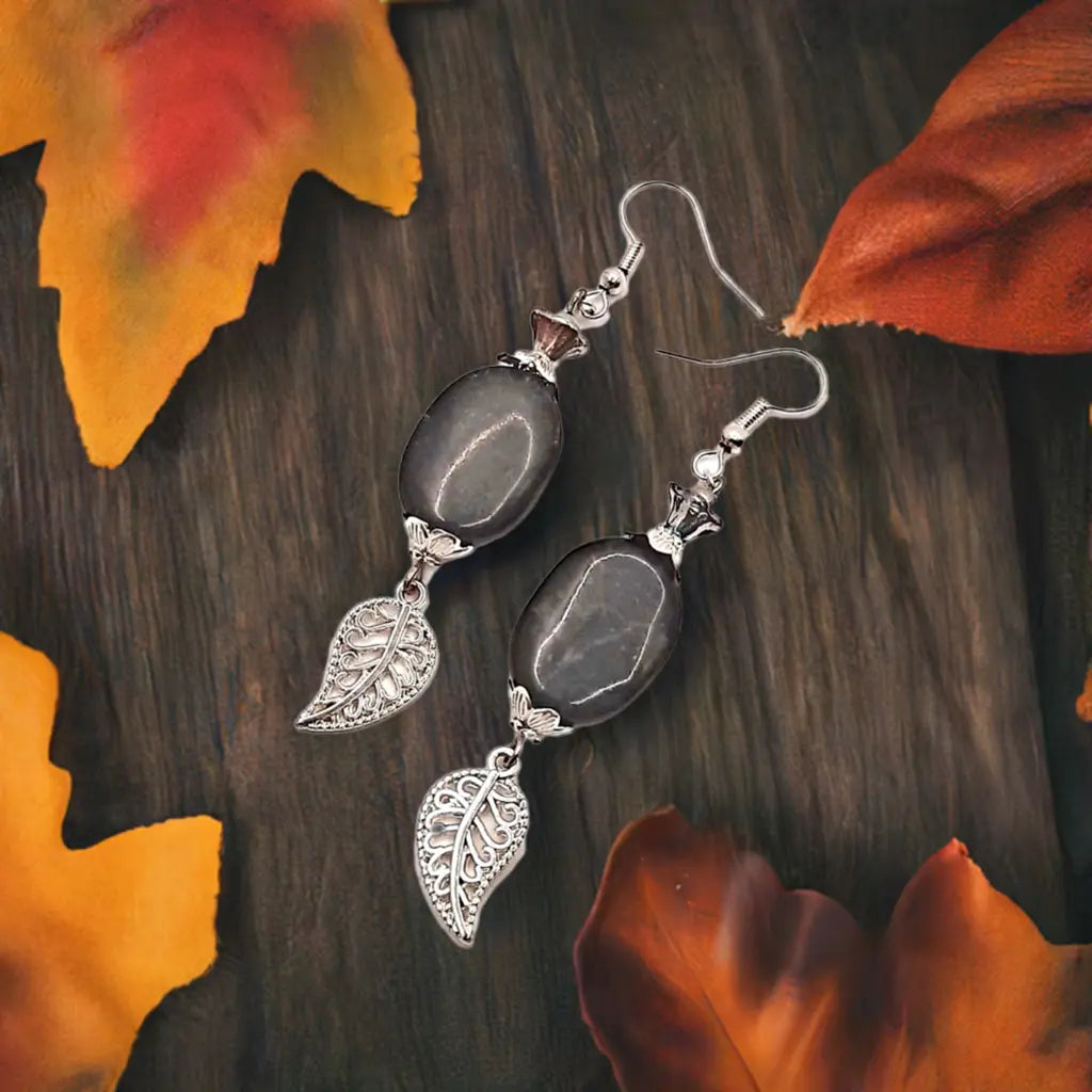 Deep green gemstone silvery shiny leaf earrings - Image #3