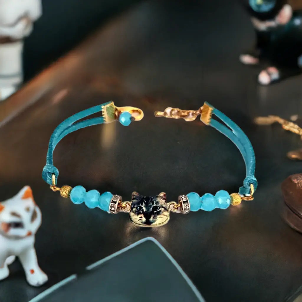 Elegant Blue Suede Bracelet with Cat Face Focal Charm