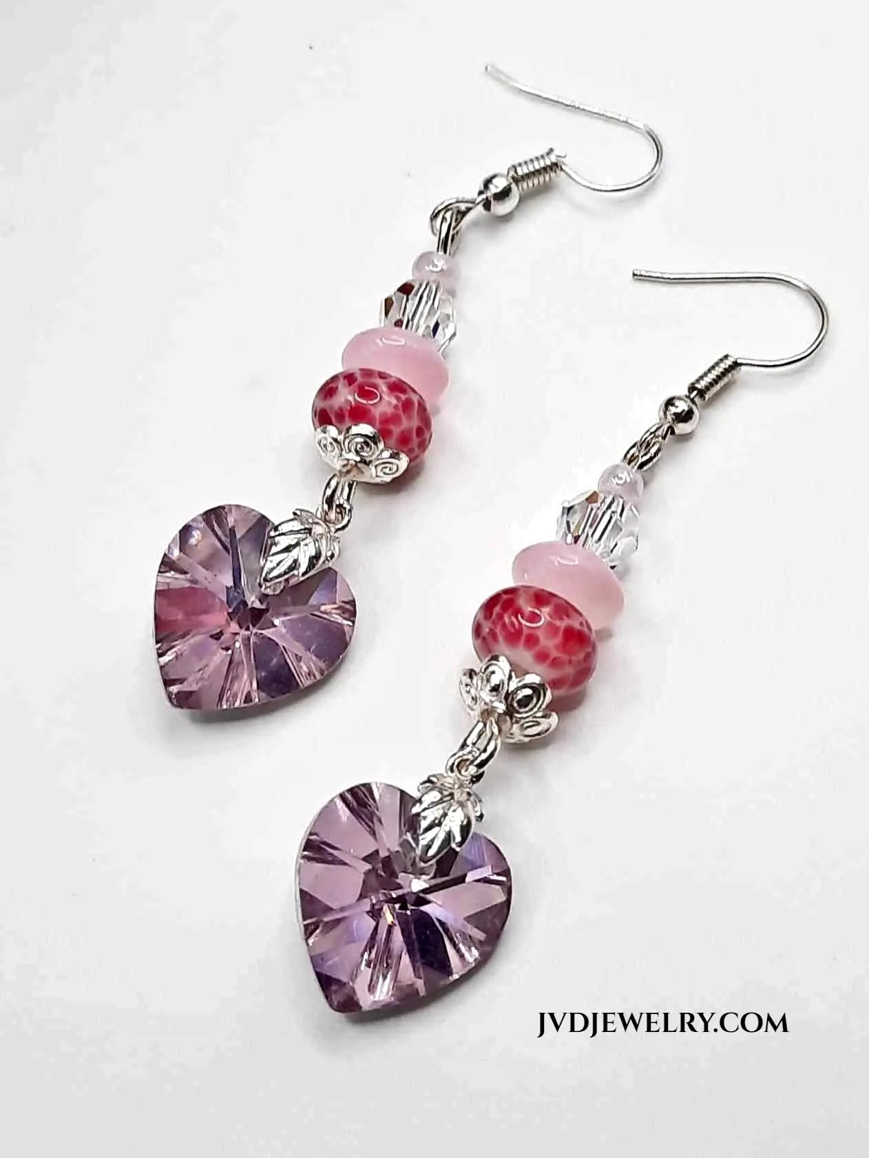 Pink Crystal Heart Earrings,mini lampwork