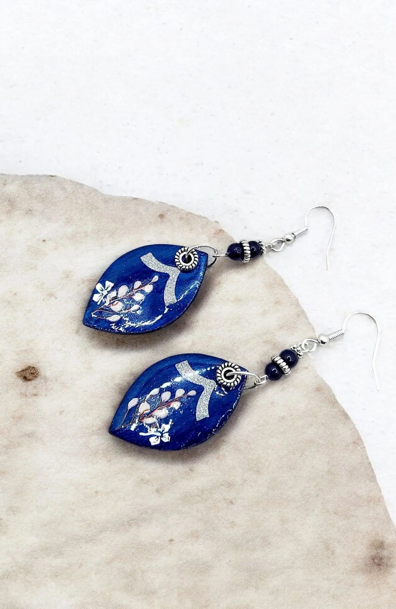 Navy blue light wood drop Earrings silver 2.5inches - Image #1