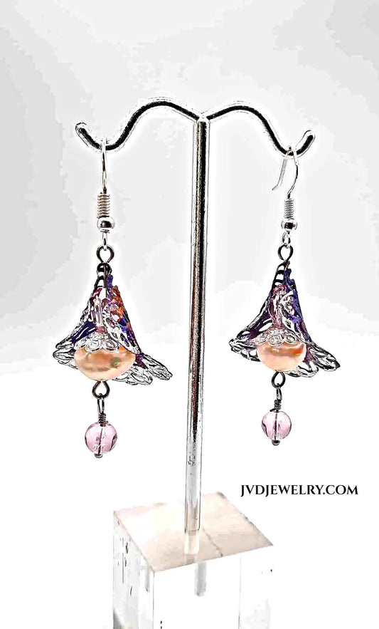 Filigree flower pearl earrings - Image #1