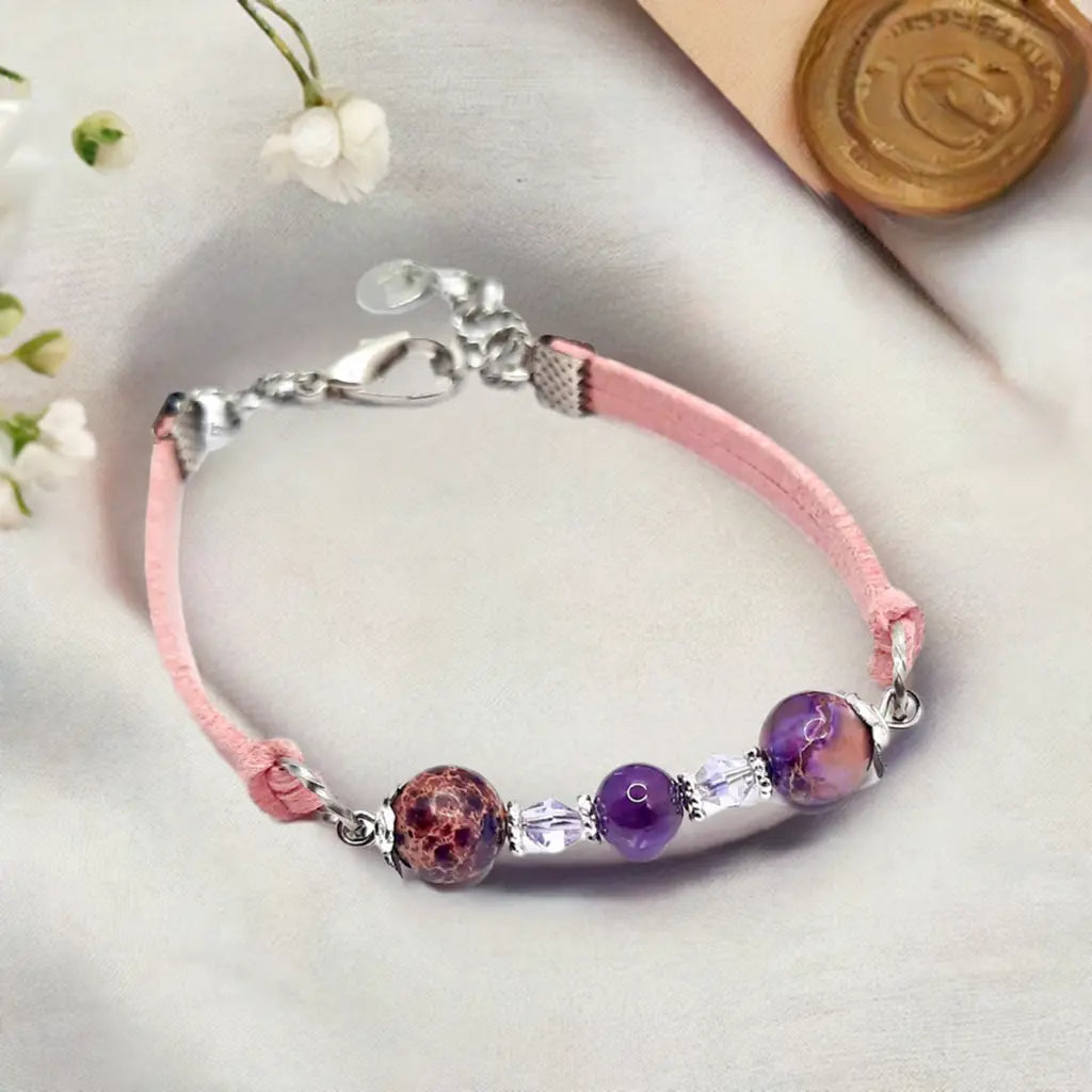 Pink Faux suede Purple Gemstone Bracelet