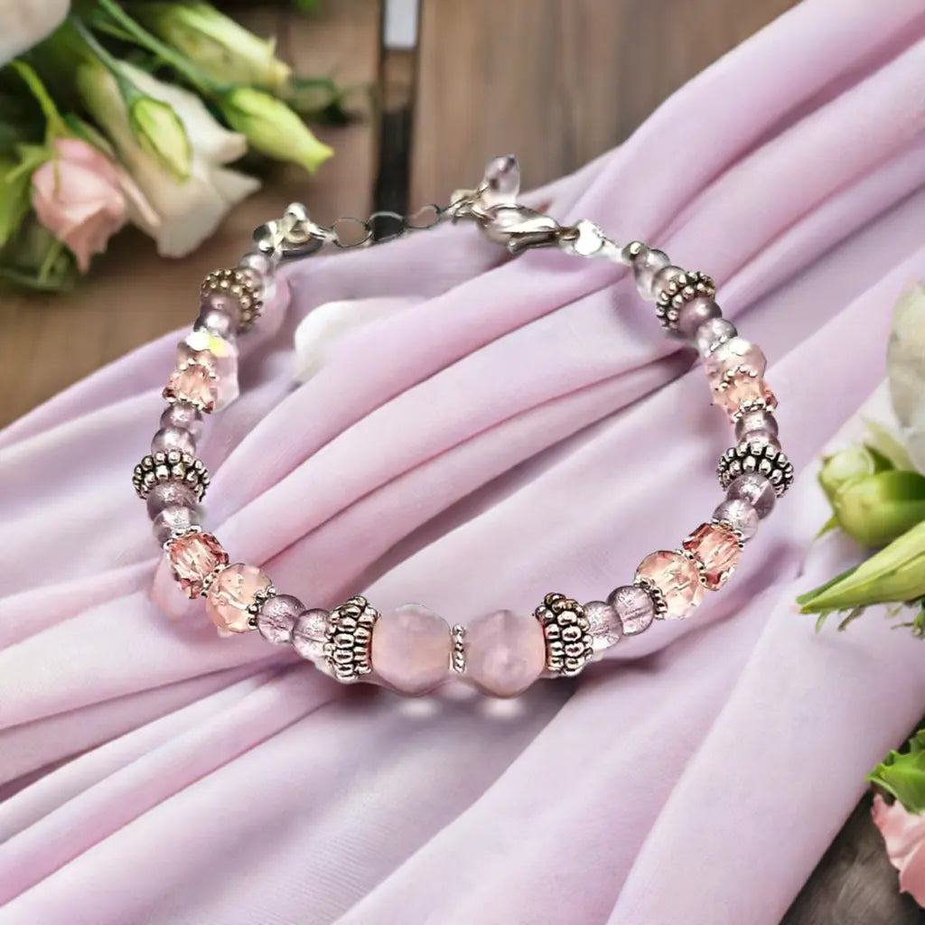 Light pink glass bead bracelet silver