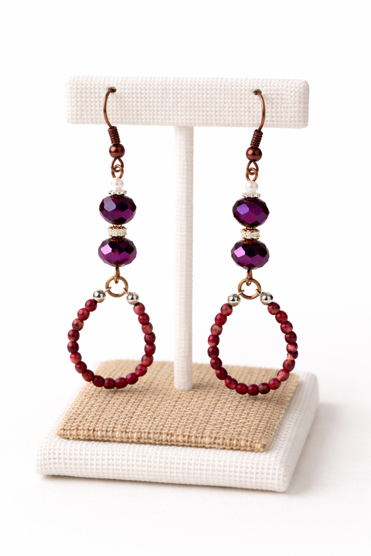 Purple Crystal Teardrop Earrings – Handmade Beaded Copper Dangle Earrings