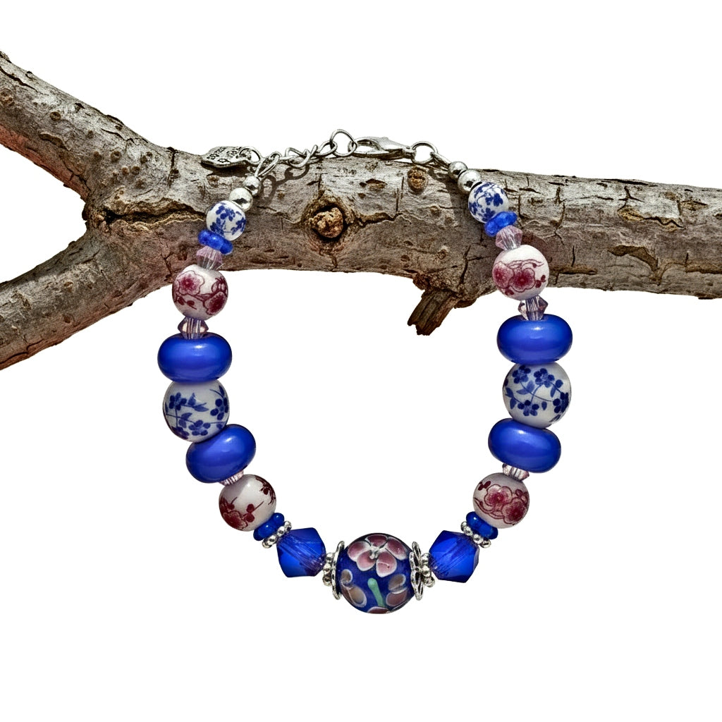 Vintage Blue Lampwork & Crystal Bead Bracelet - Silver Clasp | 6.5-7.75"