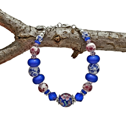 Vintage Blue Lampwork & Crystal Bead Bracelet - Silver Clasp | 6.5-7.75"