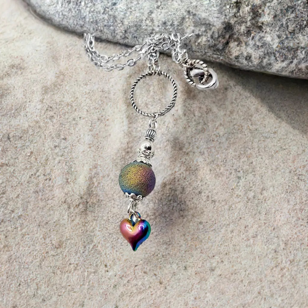 Rainbow beaded Necklace Ion platin Heart 18inch chain - Image #2