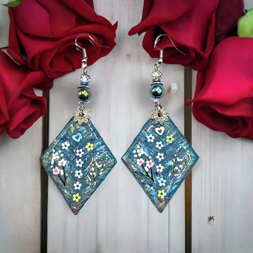 Long light wood triangle resin flowers Earrings 3.5inches