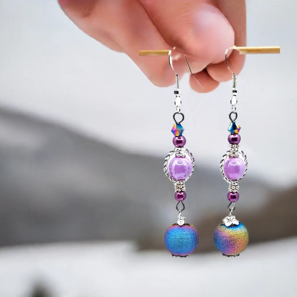 Ion plating rainbow color beaded Earrings 2.75" - Image #2