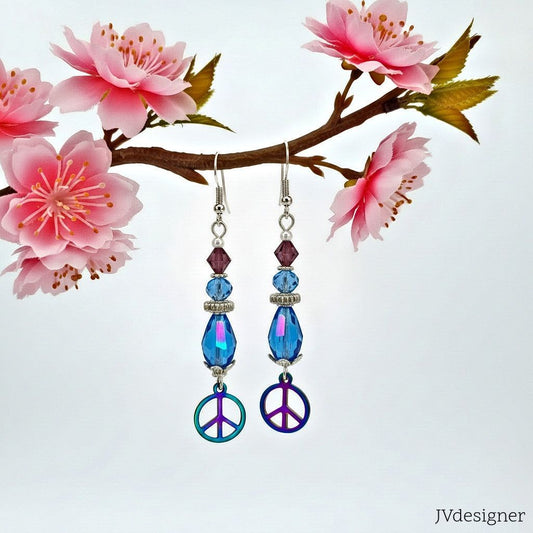 Peace and Love Rainbow Earrings - Handmade Crystal Glass Beaded Dangle Earrings | JVDesigner