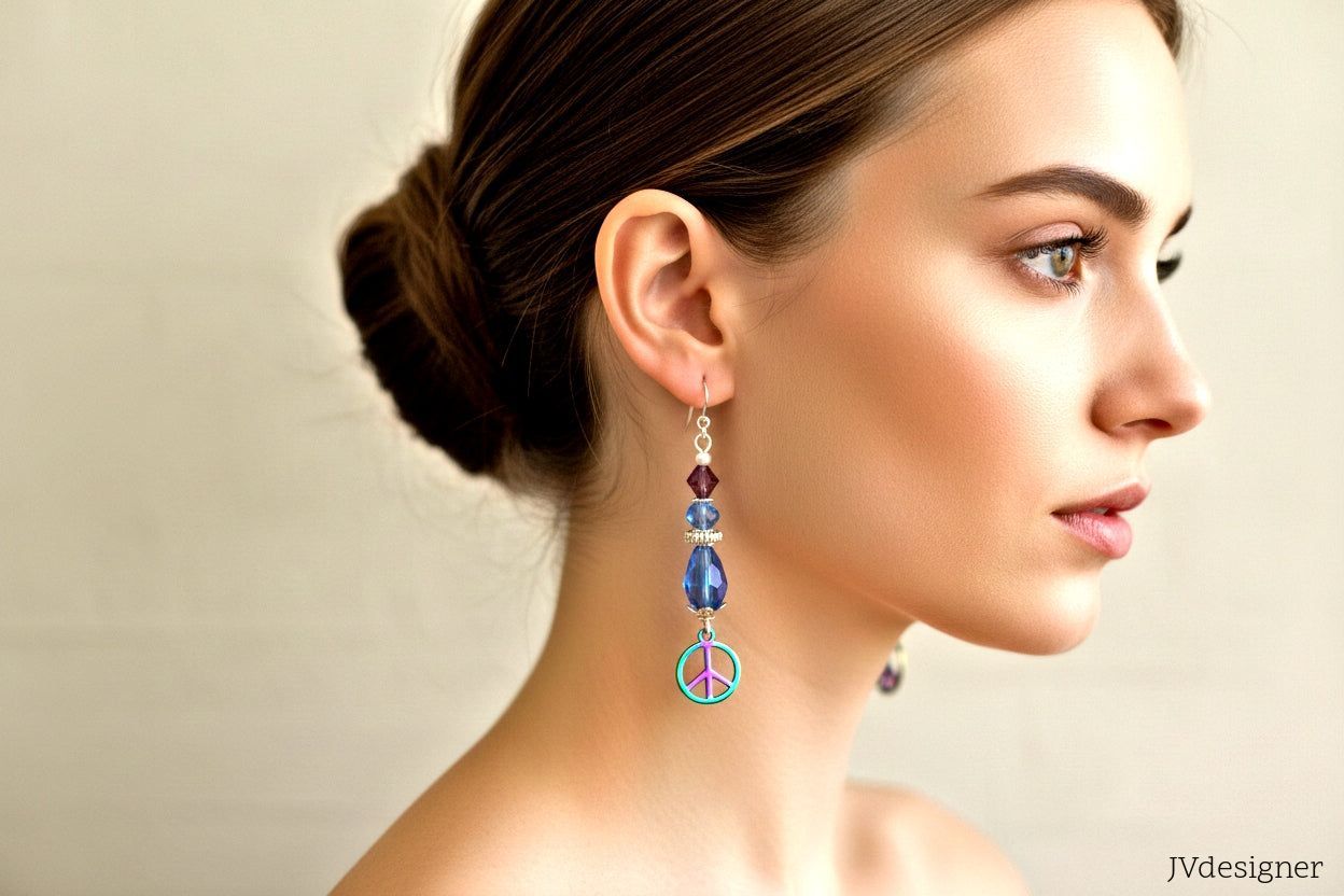 Peace and Love Rainbow Earrings - Handmade Crystal Glass Beaded Dangle Earrings | JVDesigner