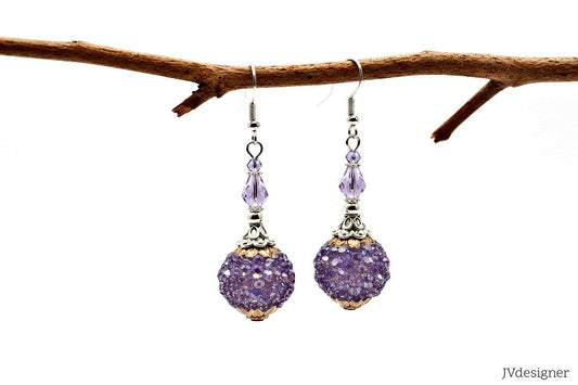 Handmade Lilac Earrings - Boho Light Purple Crystal Glass Beaded Dangle Earrings 2.25 Inch