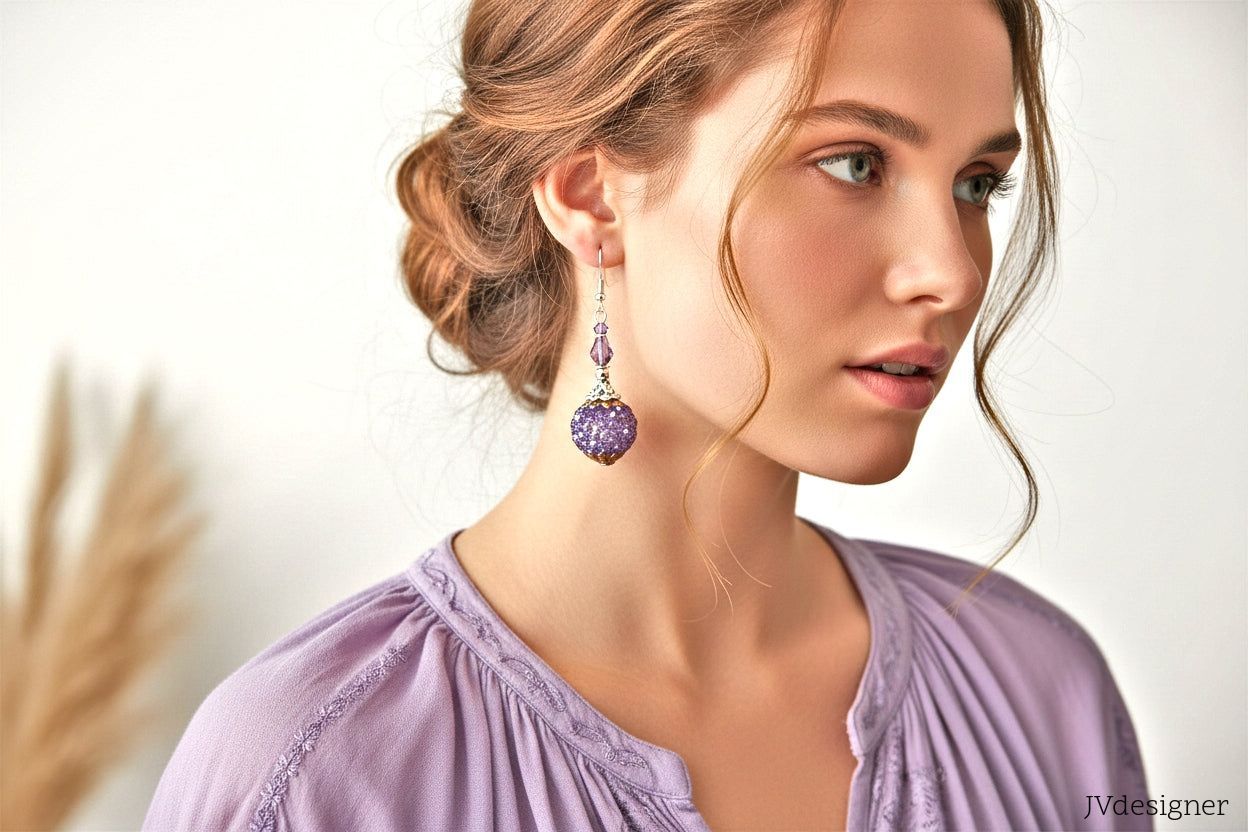 Handmade Lilac Earrings - Boho Light Purple Crystal Glass Beaded Dangle Earrings 2.25 Inch