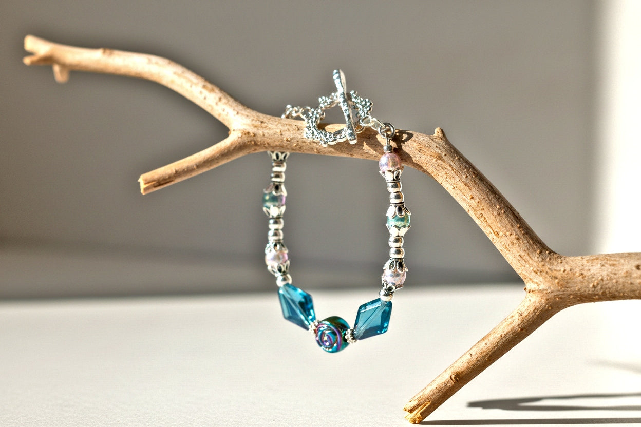 Handcrafted Silver Bracelet - Iridescent Flower Charm with Toggle Clasp 6.5-7.5"