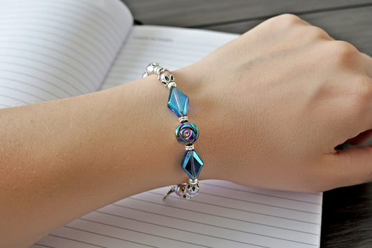 Handcrafted Silver Bracelet - Iridescent Flower Charm with Toggle Clasp 6.5-7.5"