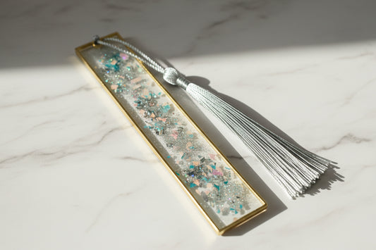 Handcrafted Resin Bookmark - Purple Dried Flowers with Gold Frame & Tassel 5.5"