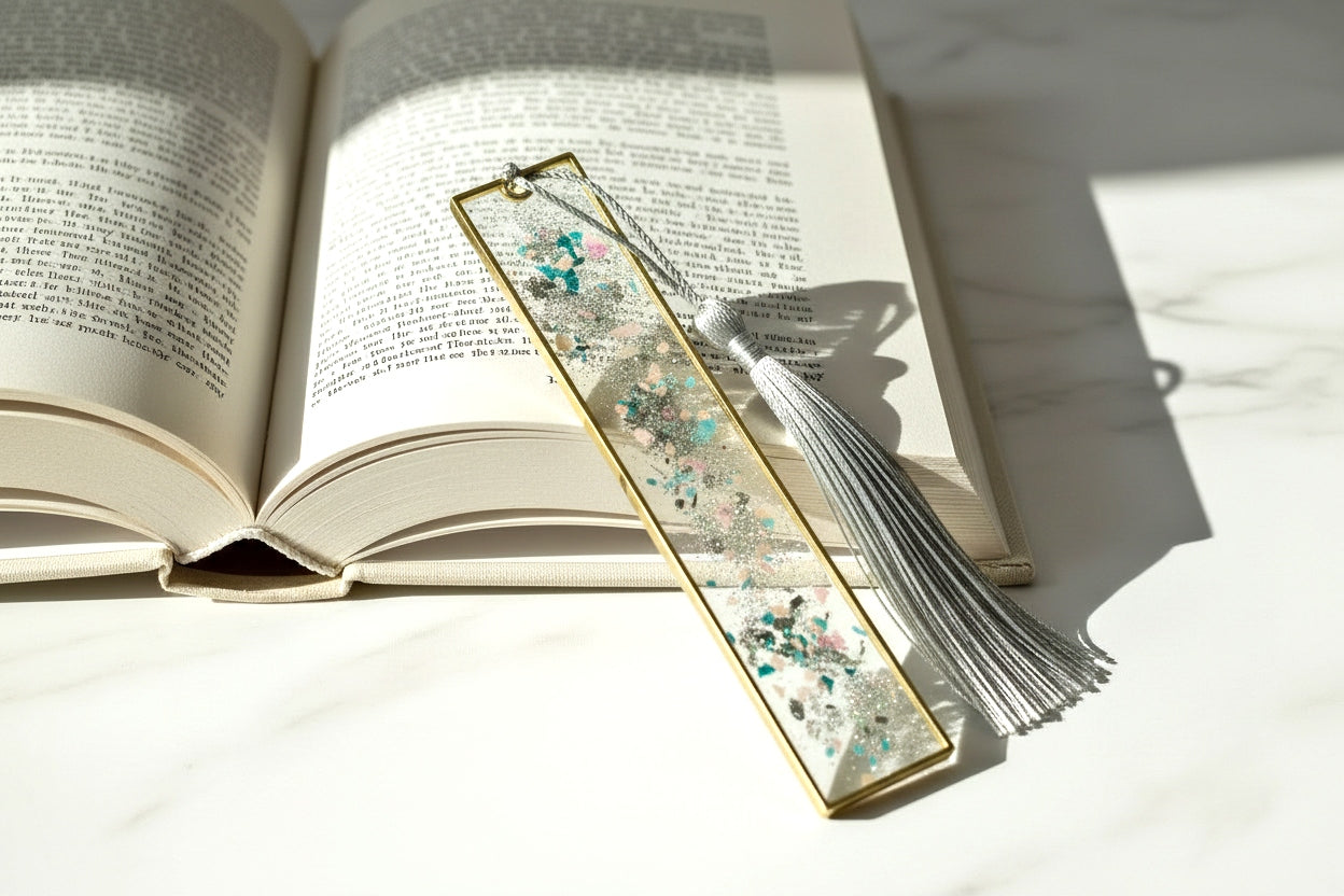 Handcrafted Resin Bookmark - Purple Dried Flowers with Gold Frame & Tassel 5.5"