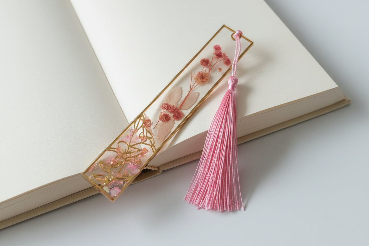 Handcrafted Resin Bookmark with Pink Dried Flowers & Gold Frame 5.5" - Unique Gift for Book Lovers