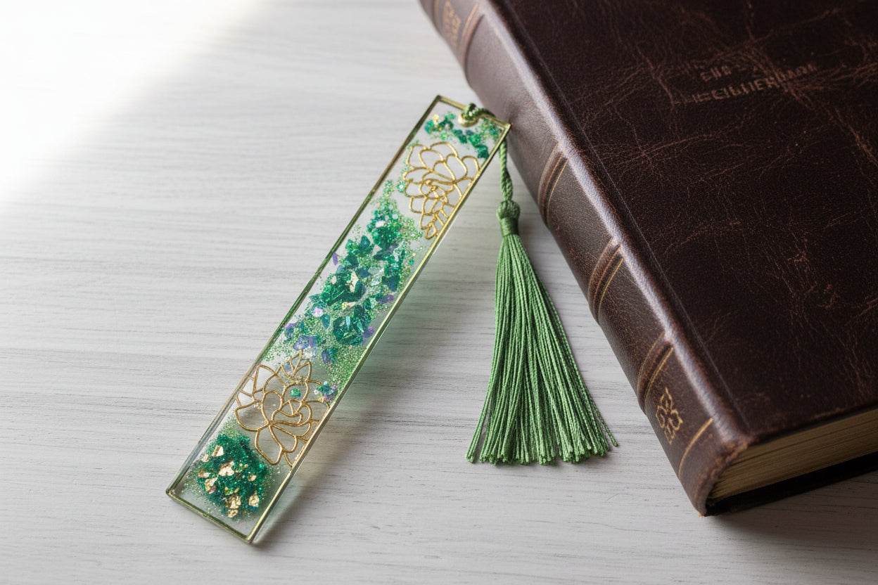 Decorative bookmark with tassel on a wooden surface