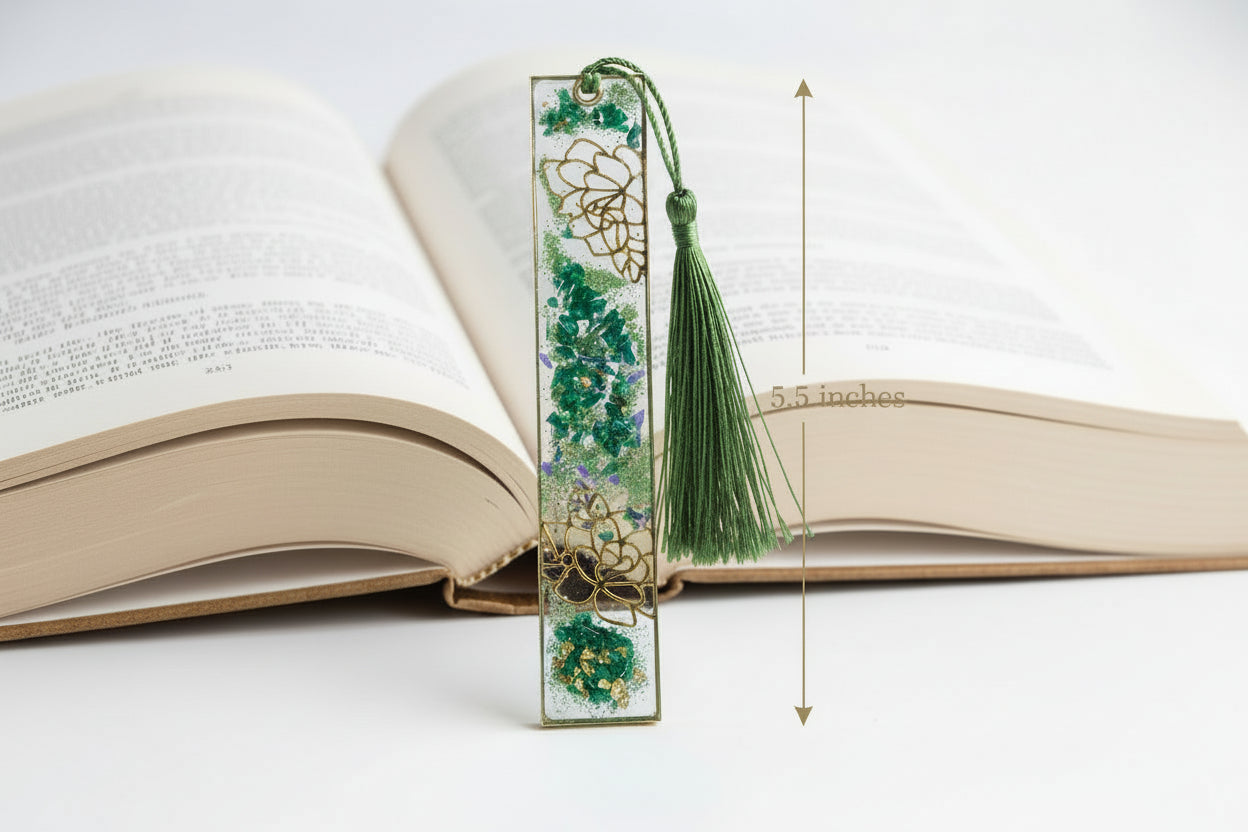 Decorative bookmark with tassel on a wooden surface