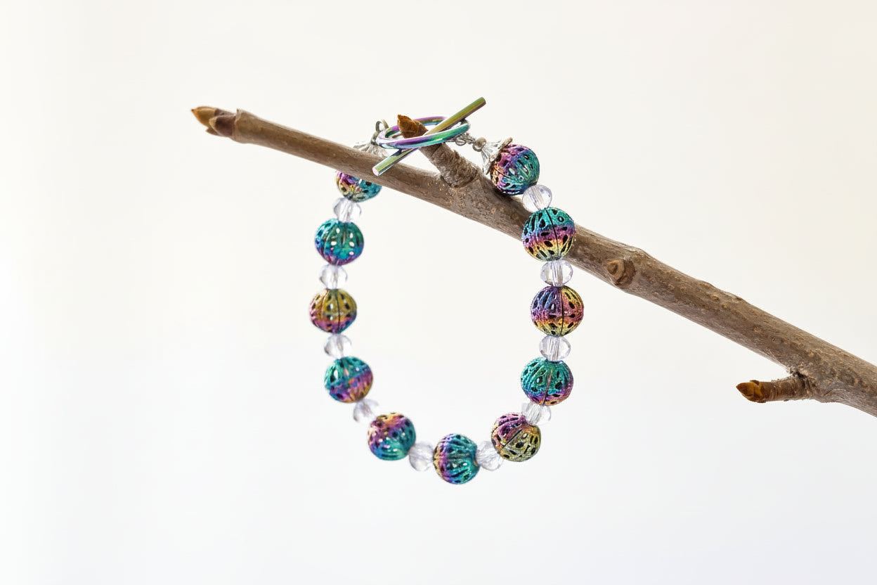 Rainbow Metal Filigree Bracelet with Lavender Faceted Glass Beads