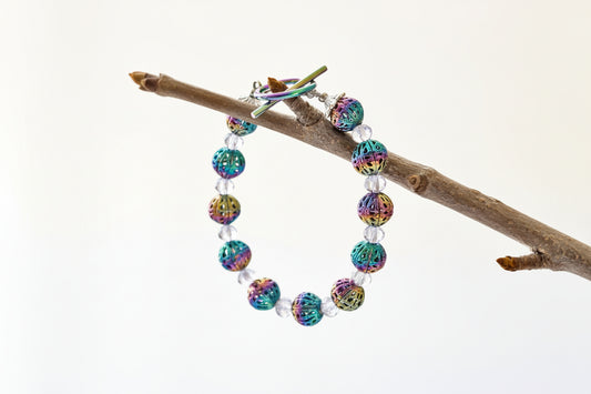 Rainbow Metal Filigree Bracelet with Lavender Faceted Glass Beads