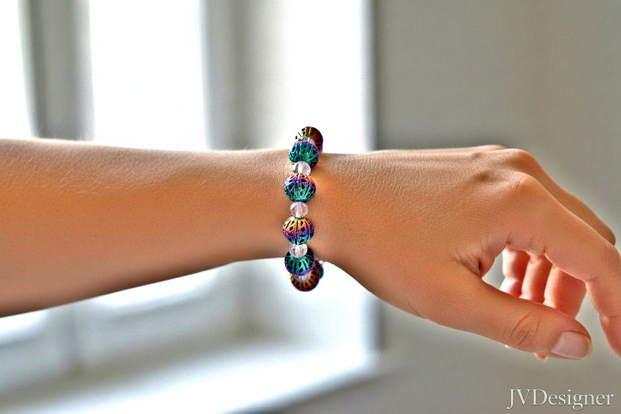 Rainbow Metal Filigree Bracelet with Lavender Faceted Glass Beads