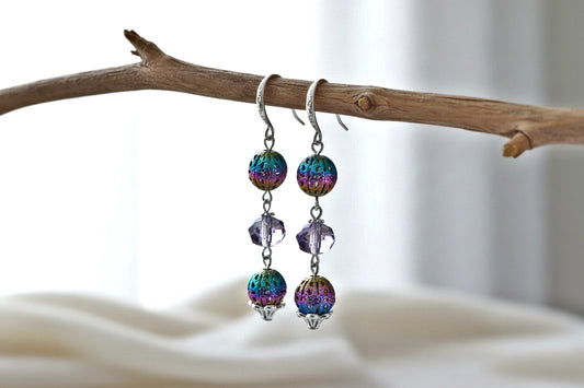 Rainbow Ion Plating Earrings with Lavender Glass Beads