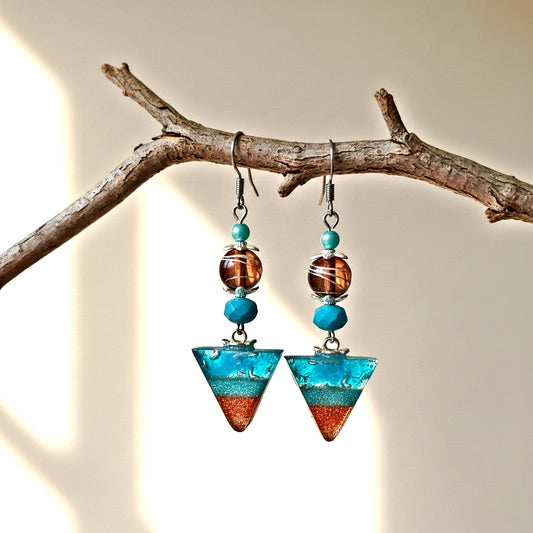 Aqua Flame Geometric Earrings - Handcrafted Resin & Glass Beads