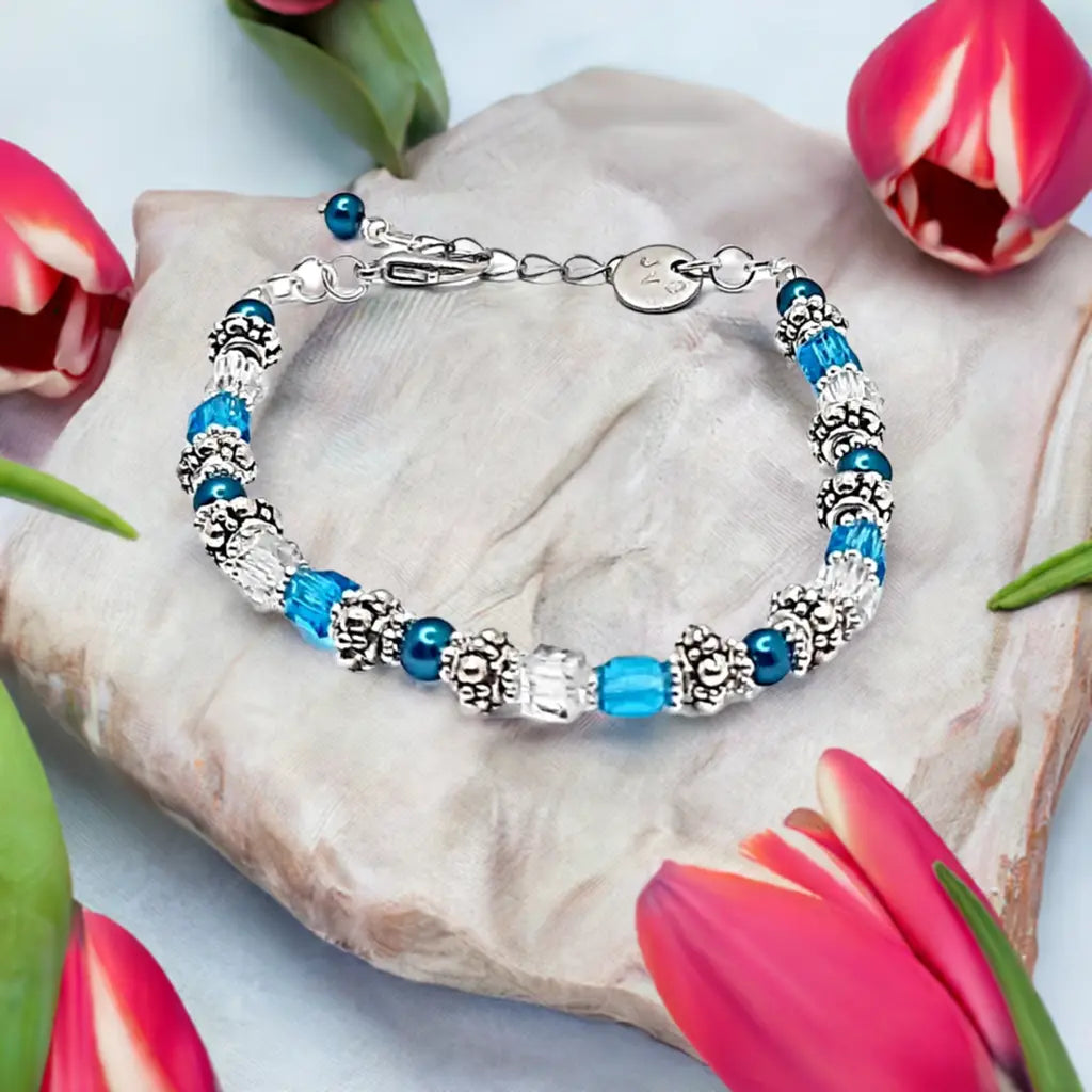 Blue turquoise silver beaded Bracelet - Image #2