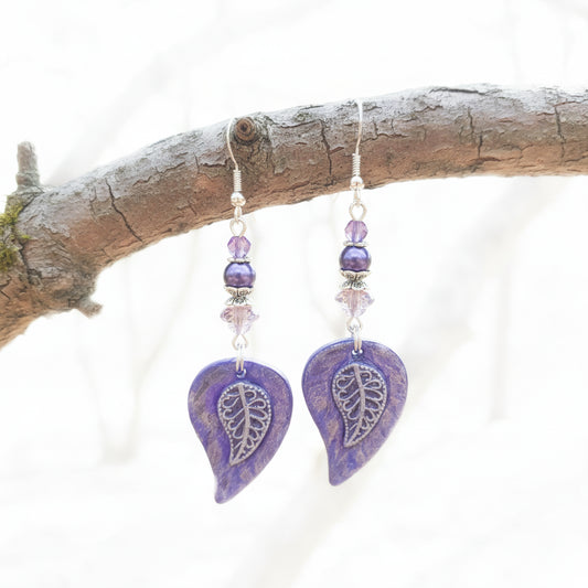 Resin Purple leaf Earrings Czech Beads