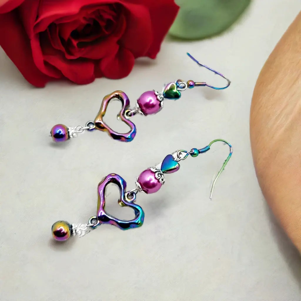 Ion Plating hearts purple rainbow Earrings 2.5inches - Image #2