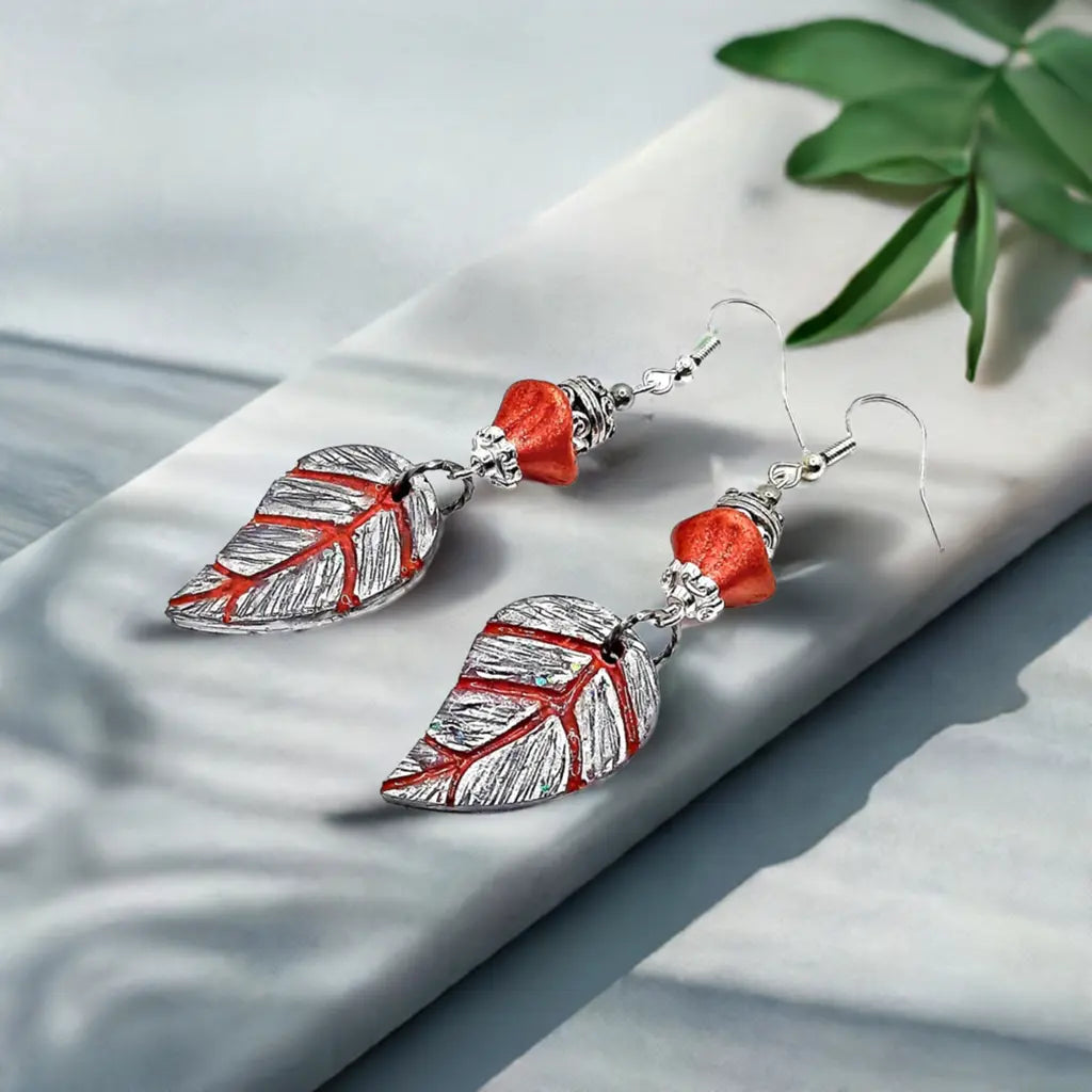 Shiny Orangy Czech leaf earrings Fall/Automne - Image #5