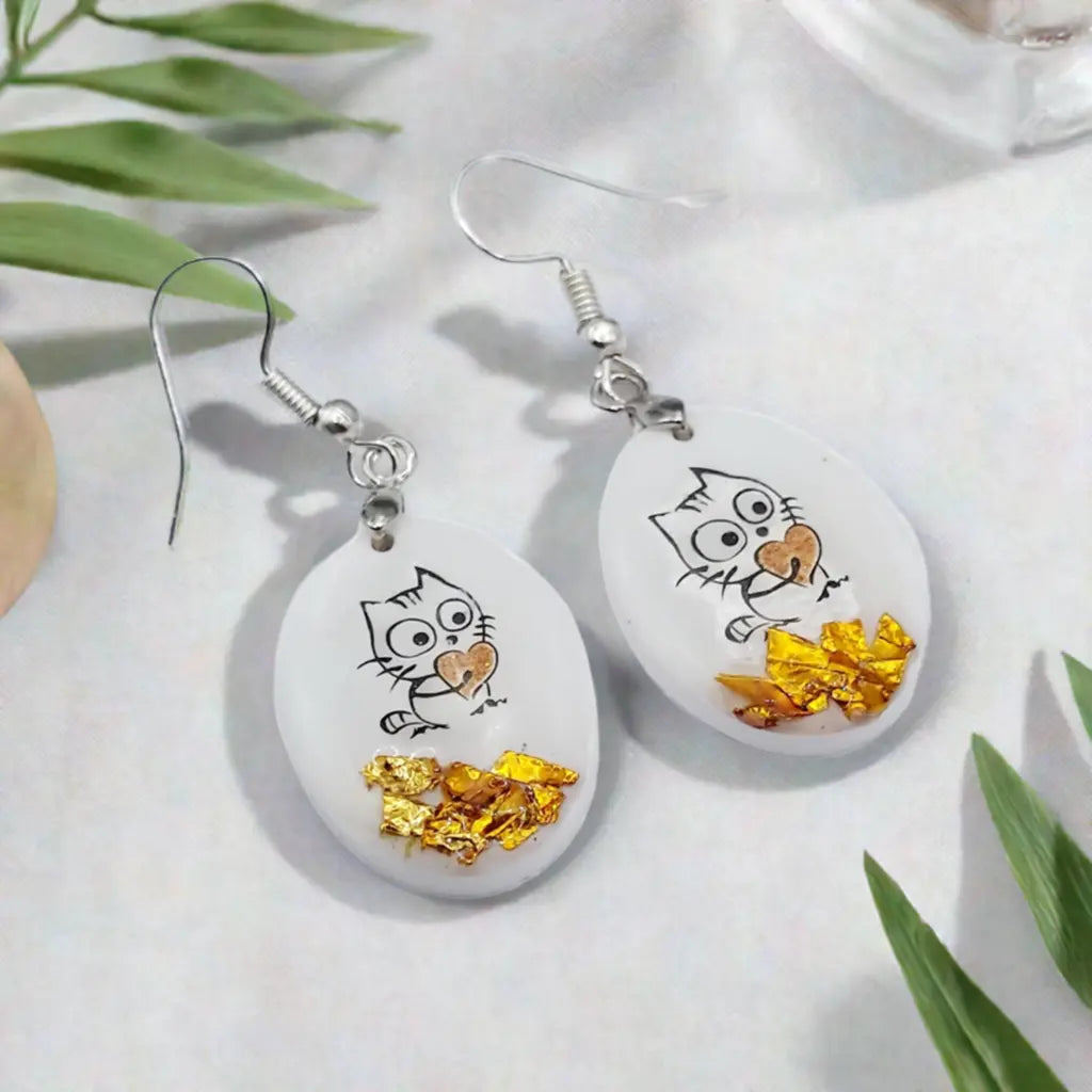 Short Resincrete white with litty cat Earrings 1.75inches