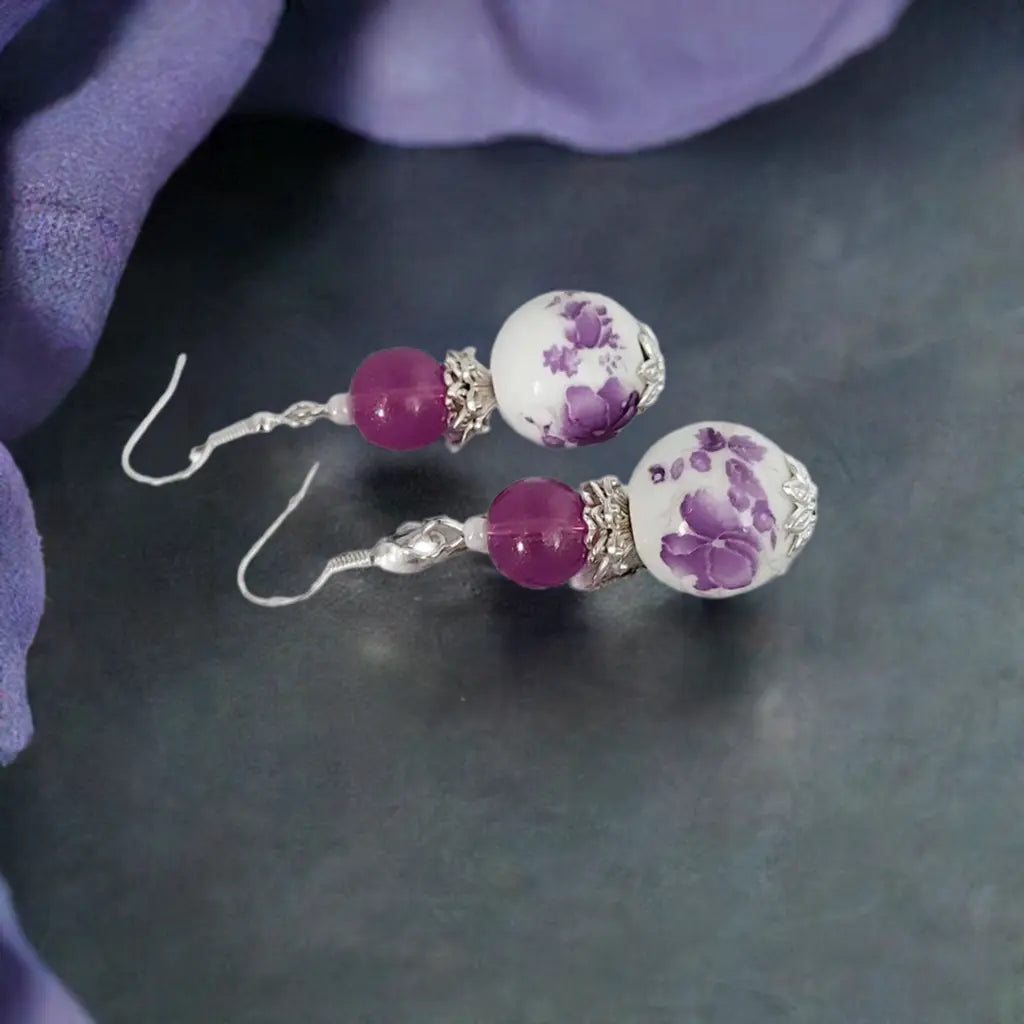 PURPLE PORCELAIN SILVER BEADED EARRINGS - Image #3