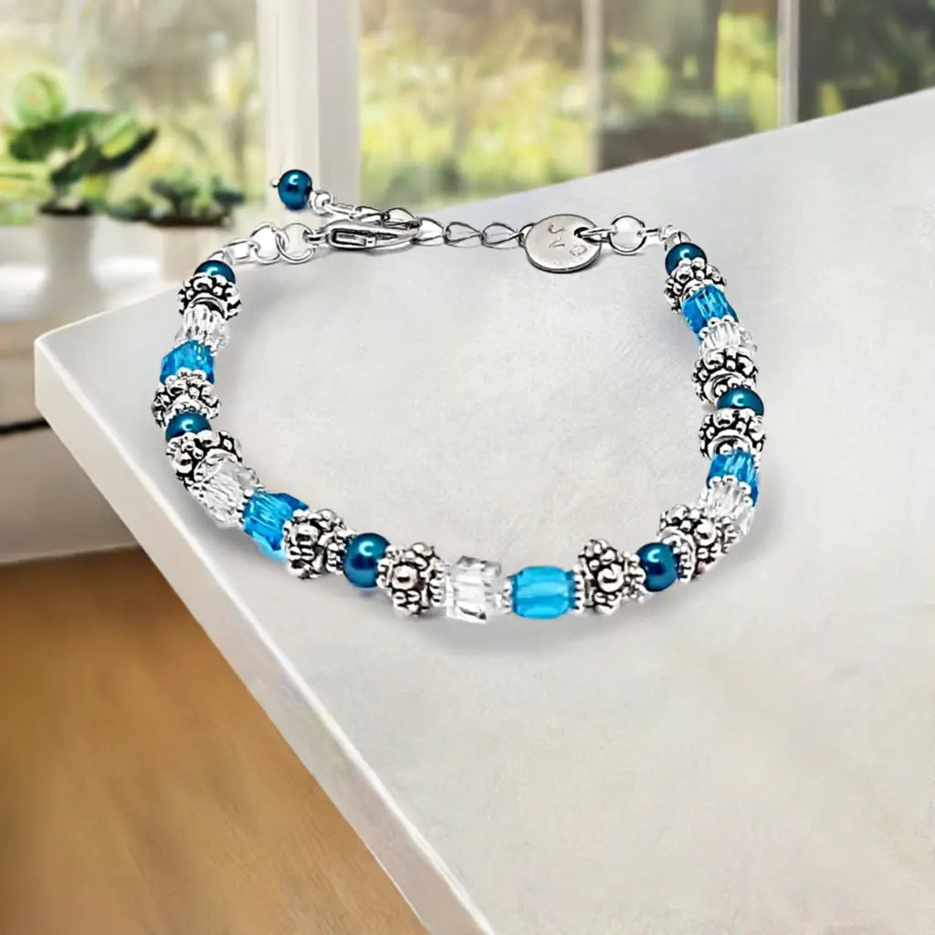 Blue turquoise silver beaded Bracelet - Image #2