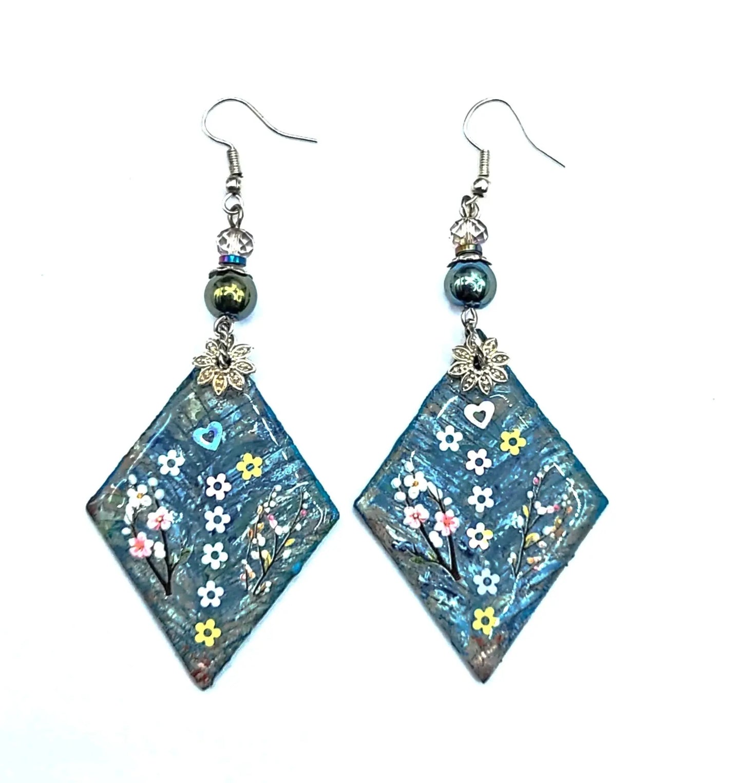 Long light wood triangle resin flowers Earrings 3.5inches