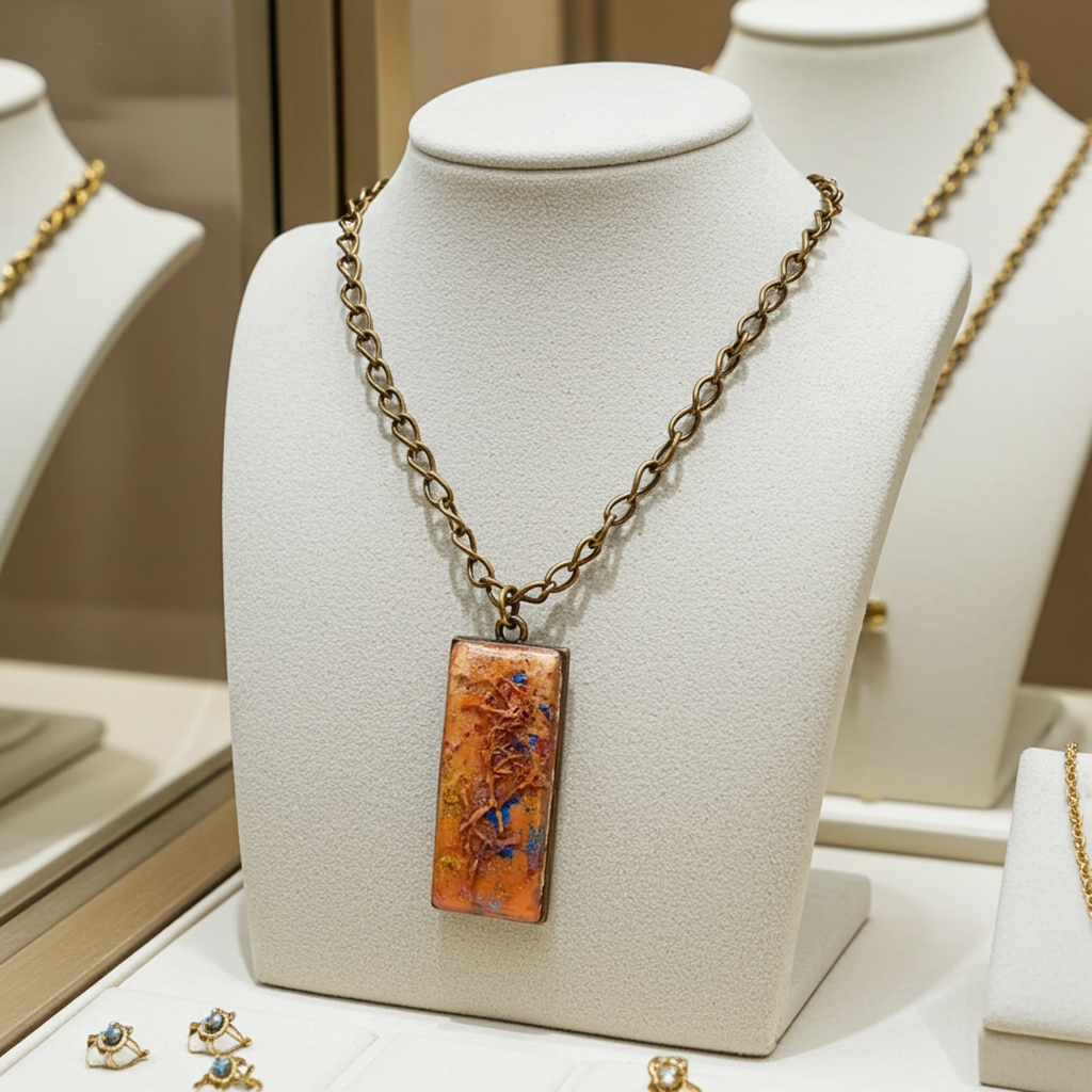 Necklace with a rectangular pendant on a mannequin bust in a jewelry store setting.